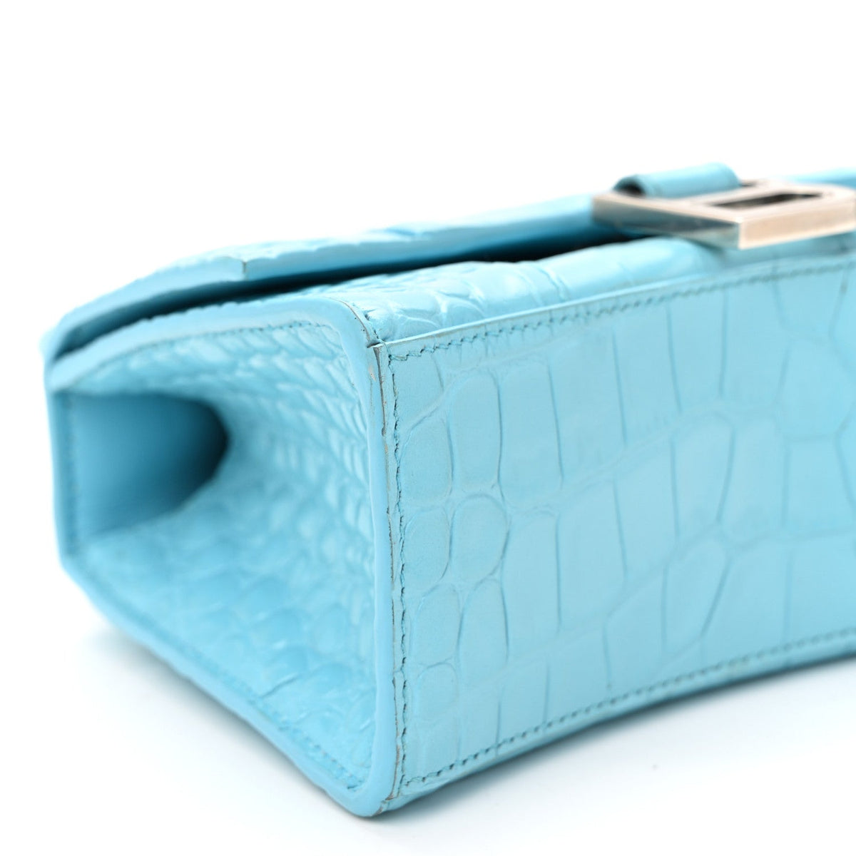 Shiny Calfskin Crocodile Embossed Hourglass Top Handle Bag XS Azur