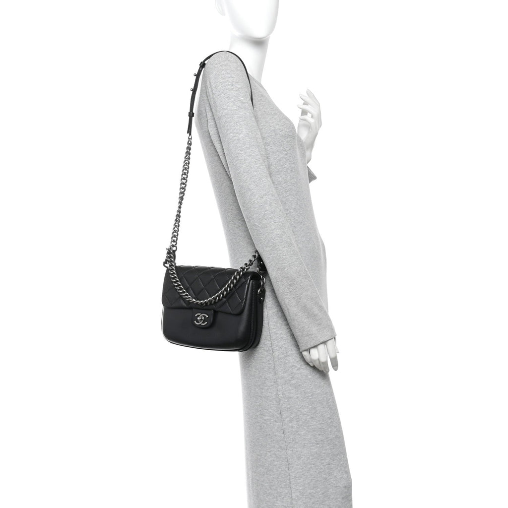 Calfskin Quilted Medium Rock My Shoulder Flap Black
