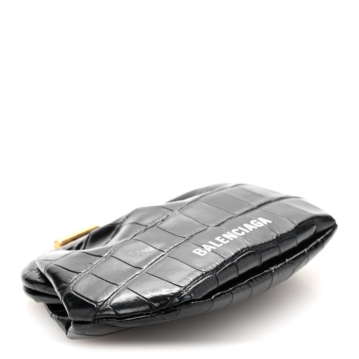 Shiny Supple Calfskin Logo Crocodile Embossed Cloud Coin Purse Black White