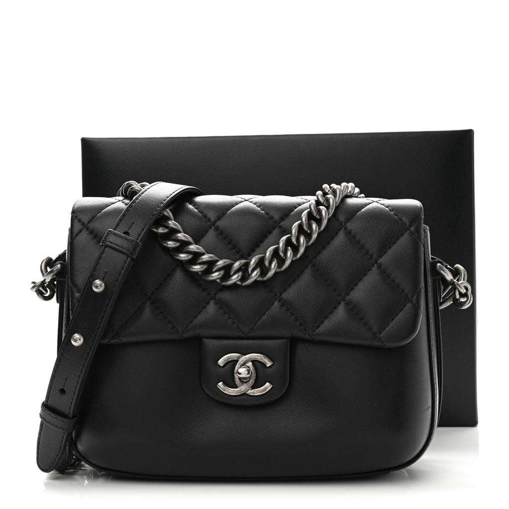 Calfskin Quilted Medium Rock My Shoulder Flap Black
