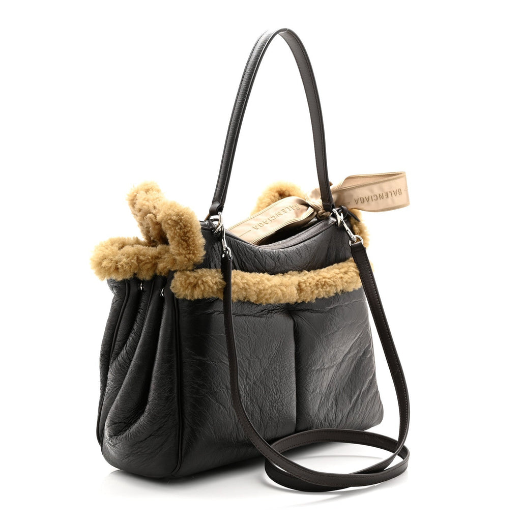 Crushed Calfskin Shearling Medium Rodeo Top Handle Handbag Brown Beige