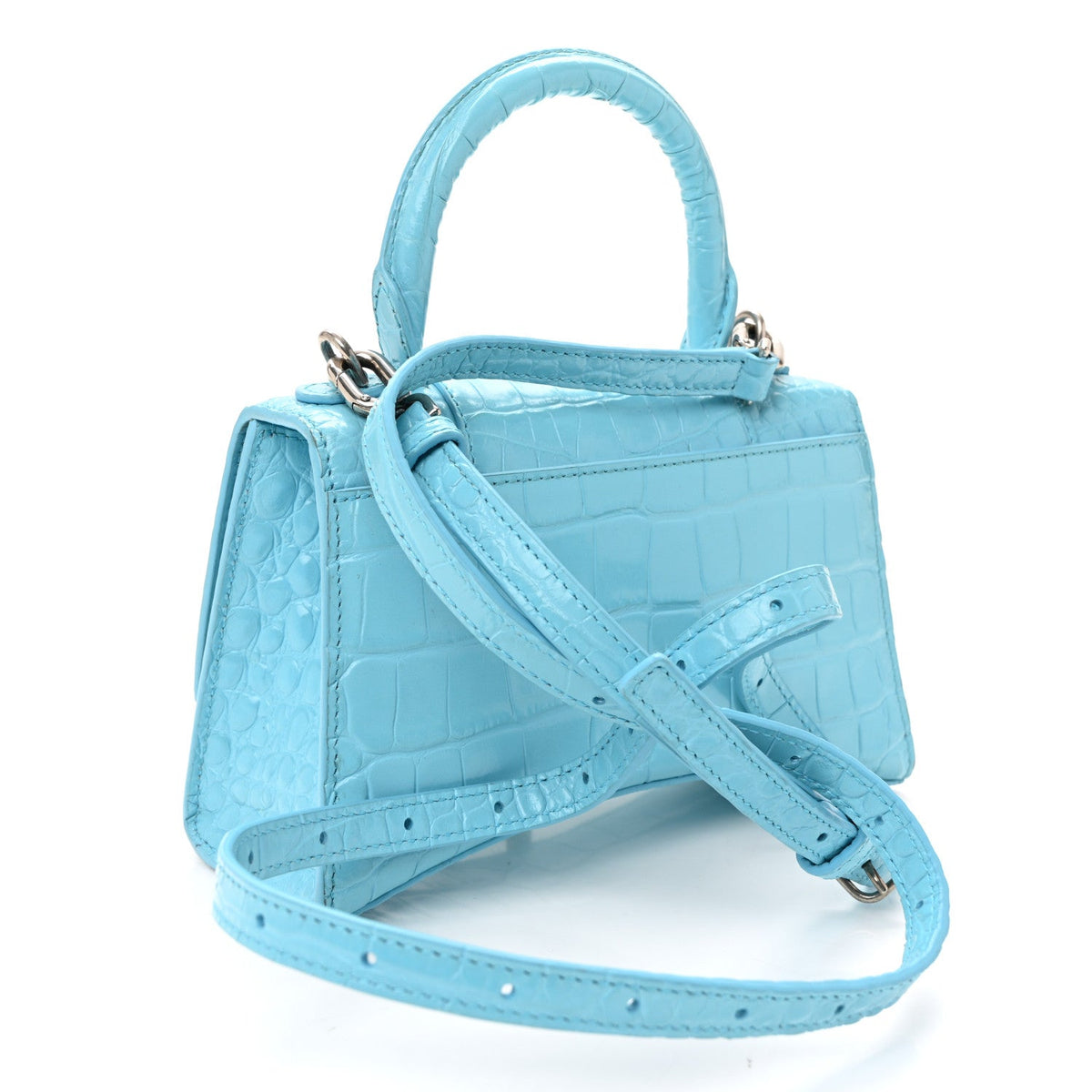 Shiny Calfskin Crocodile Embossed Hourglass Top Handle Bag XS Azur