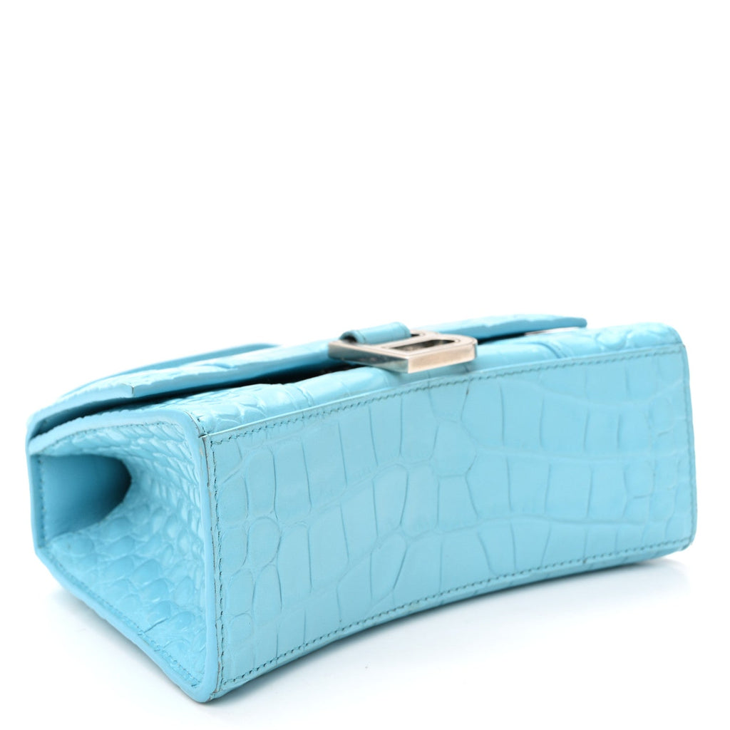 Shiny Calfskin Crocodile Embossed Hourglass Top Handle Bag XS Azur